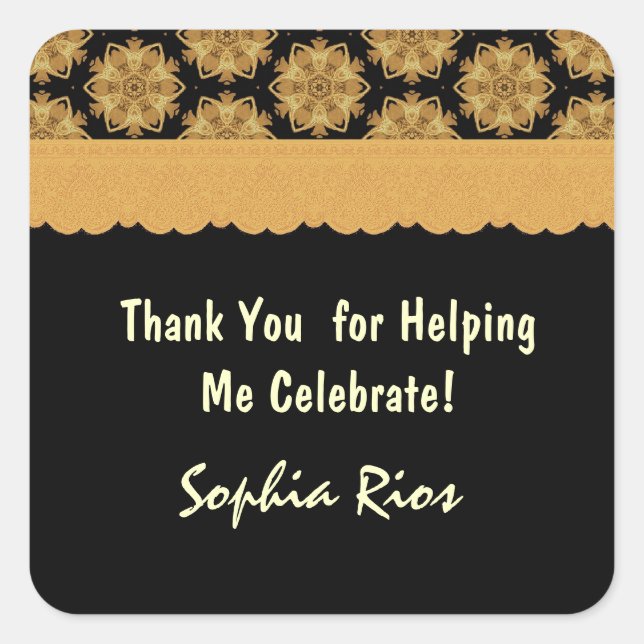 Gold and Black Stars Birthday Thank You R354C1D Square Sticker (Front)