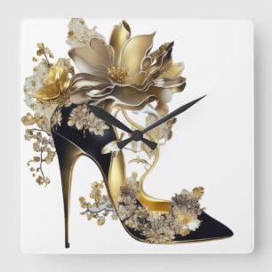 GOLD AND BLACK STILETTO HEELS WITH FLOWERS SQUARE WALL CLOCK