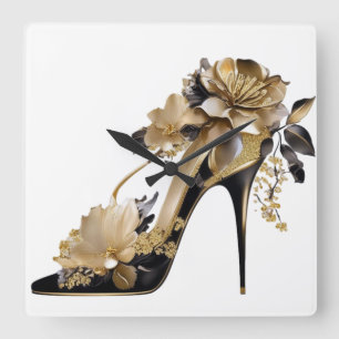 GOLD AND BLACK STILETTO HEELS WITH FLOWERS SQUARE WALL CLOCK