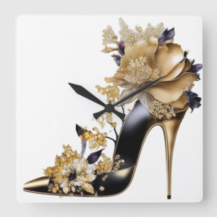 GOLD AND BLACK STILETTO HEELS WITH FLOWERS SQUARE WALL CLOCK