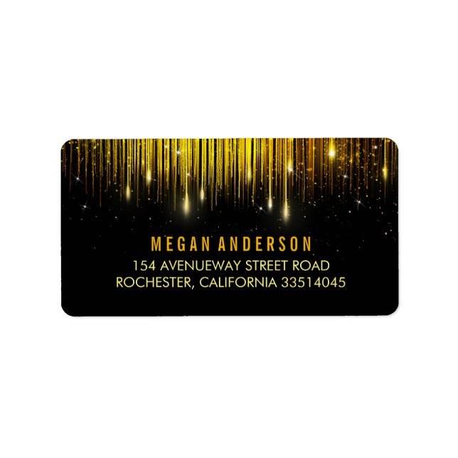 Gold and Black String Lights Glitter Wedding Label (Front)