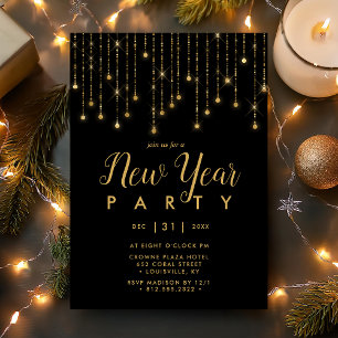 Gold and Black String Lights New Years Eve Party Invitation