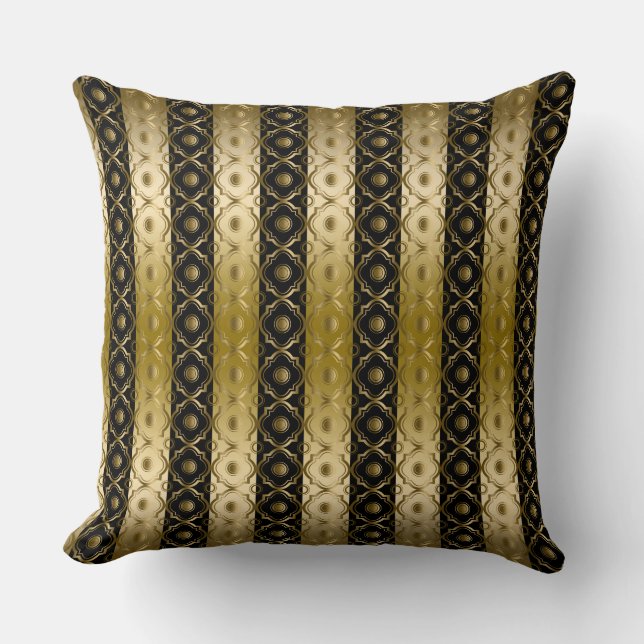 Gold And Black Stripes & Quatrefoil Geometric Cushion (Front)