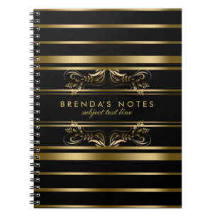 Gold And Black Stripes With Gold Floral Lace Notebook