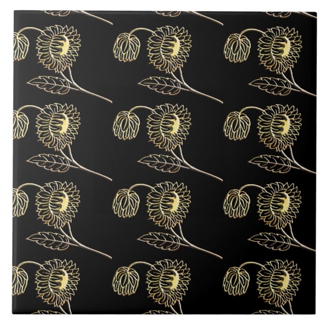 gold and black sunflowers nature art Pattern  Ceramic Tile (Front)