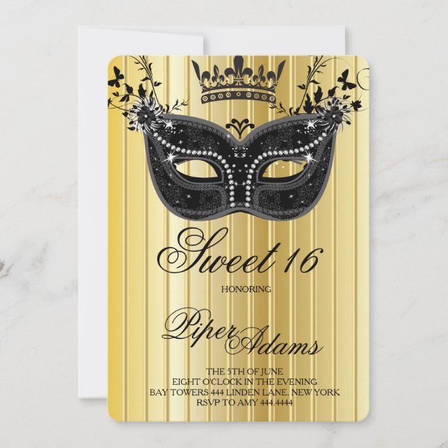 Gold and Black Sweet 16 Masquerade Invitation (Front)