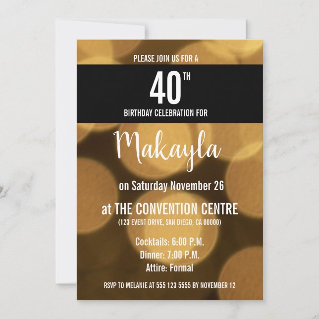 Gold and black theme, 40th birthday, invitation (Front)