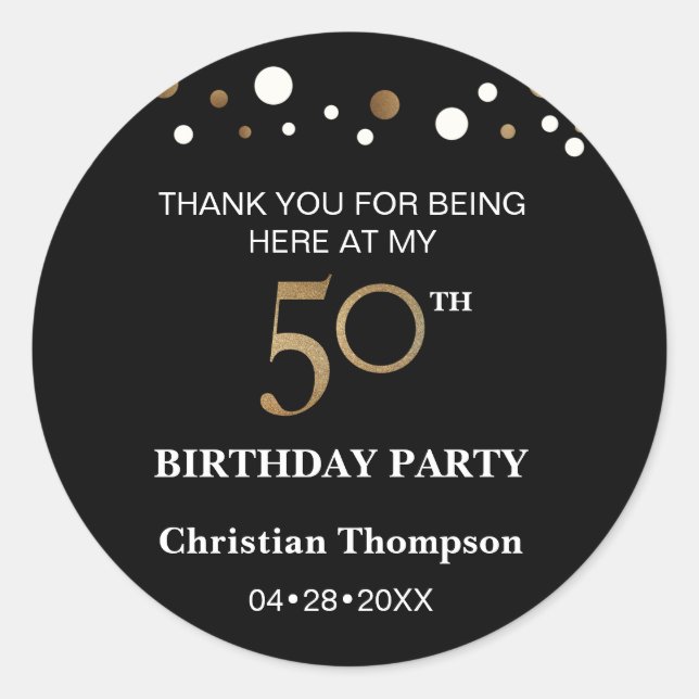 Gold and black theme 50th birthday round sticker (Front)