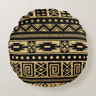 Gold And Black Tribal Geometric Pattern Round Cushion
