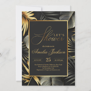 Gold and black tropical leaves bridal shower invitation