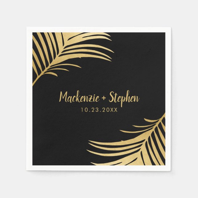 Gold and Black Tropical Palm Leaf Personalised Napkin (Front)