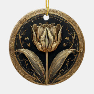 Gold and Black Tulip Design Ceramic Ornament