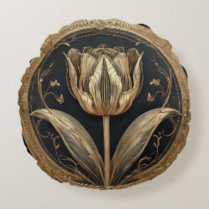 Gold and Black Tulip Design Round Cushion