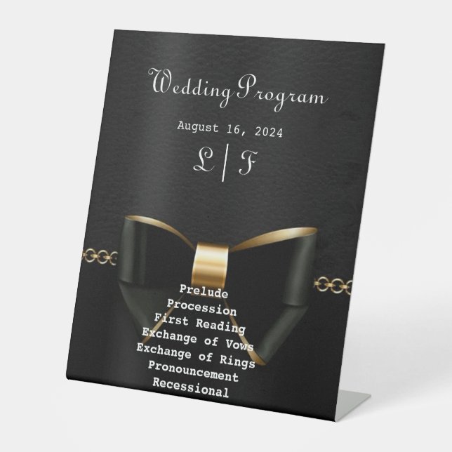 Gold and Black Tuxedo Wedding Program  Pedestal Sign (Front)