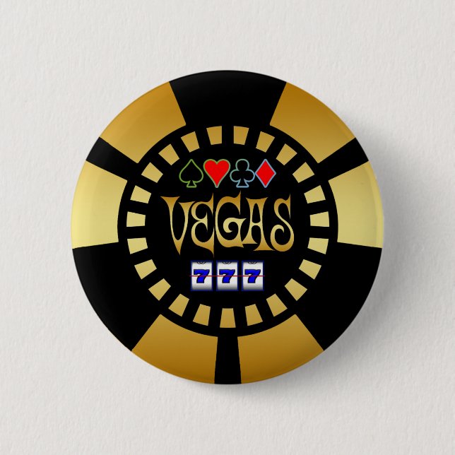 GOLD AND BLACK VEGAS POKER CHIP 6 CM ROUND BADGE (Front)