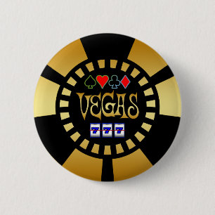 GOLD AND BLACK VEGAS POKER CHIP 6 CM ROUND BADGE