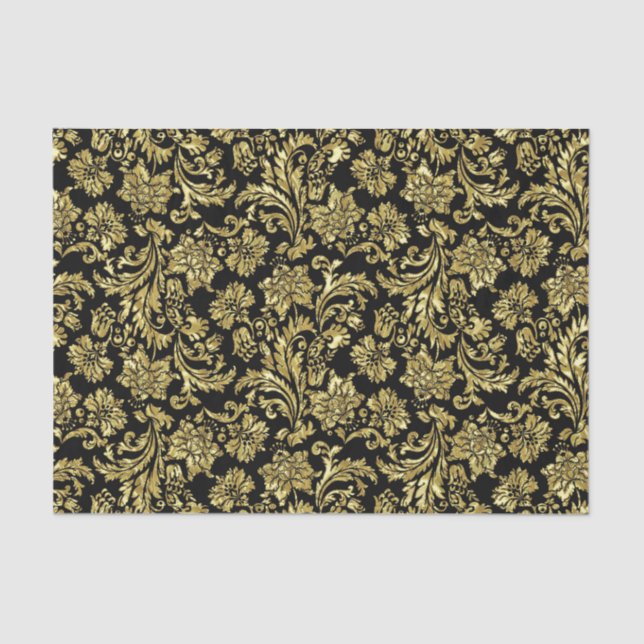 Gold And Black Vinage Floral Damasks Pattern Tissue Paper (Front)