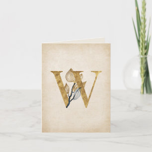 Gold and Black W Monogram With Leaves Note Card