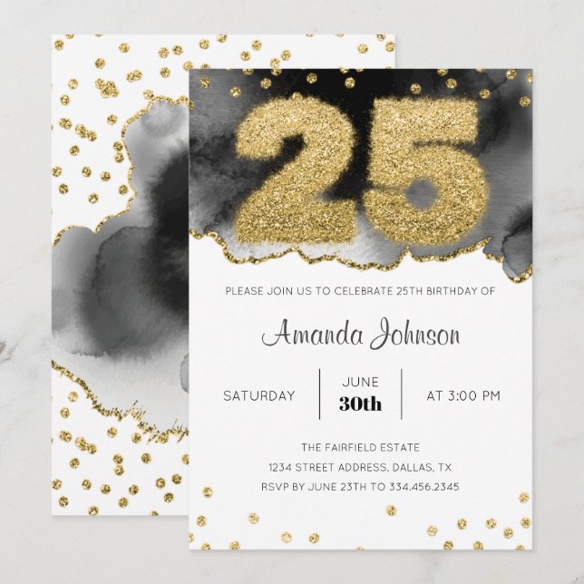 Gold and Black Watercolor 25th Birthday Invitation (Front/Back)
