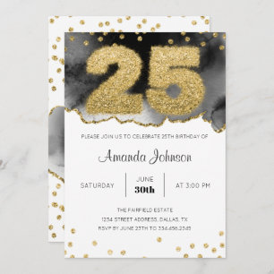 Gold and Black Watercolor 25th Birthday Invitation