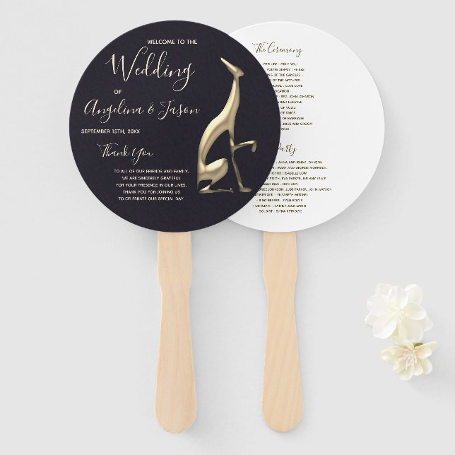 Gold and Black Wedding Program Hand Fan (Front and Back)