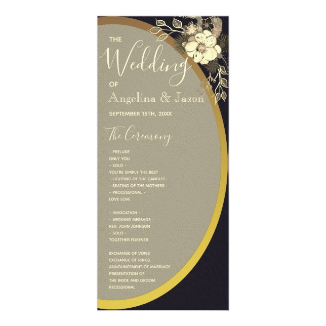 Gold And Black Wedding Program Rack Card (Front)