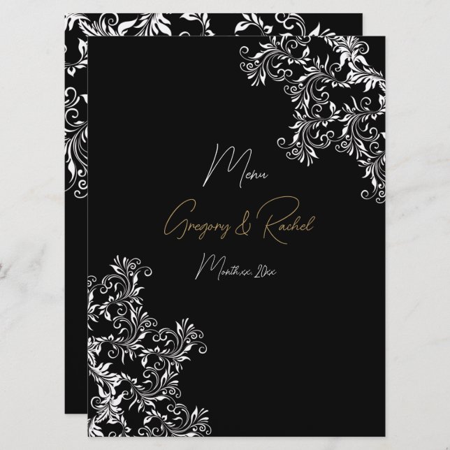 Gold and Black Wedding Reception  Menu (Front/Back)