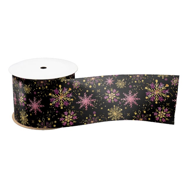 Gold and Black Winter Snowflakes Pattern Satin Ribbon (Spool)