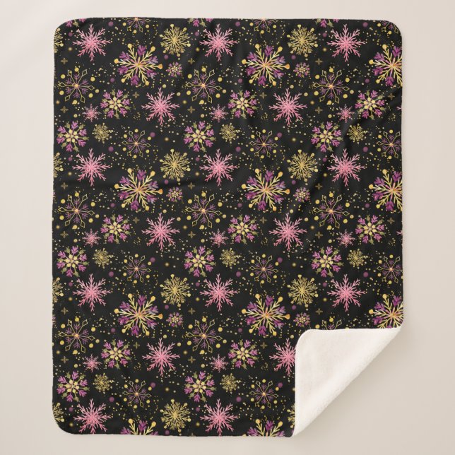 Gold and Black Winter Snowflakes Sherpa Blanket (Front)