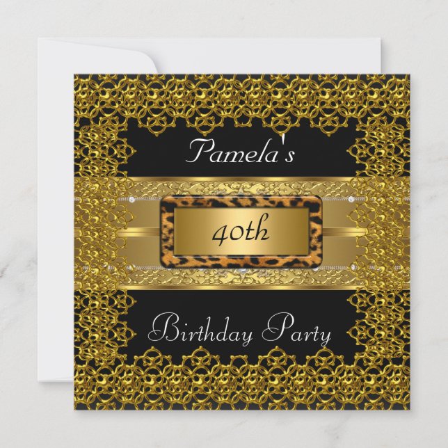 Gold and Black with Leopard Frame Birthday Party Invitation (Front)