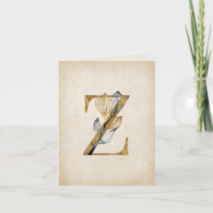 Gold and Black Z Monogram With Leaves Note Card