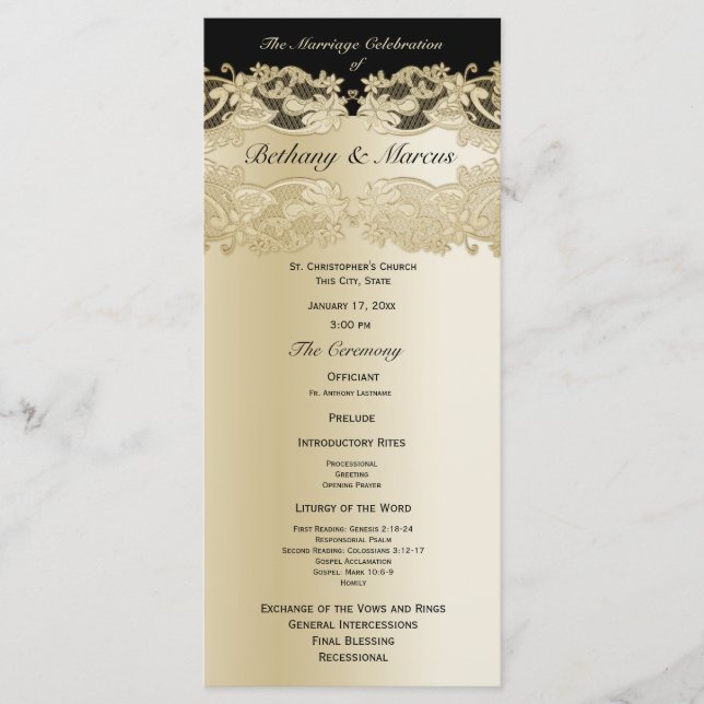 Gold and BlackFloral Lace Wedding Program (Front)