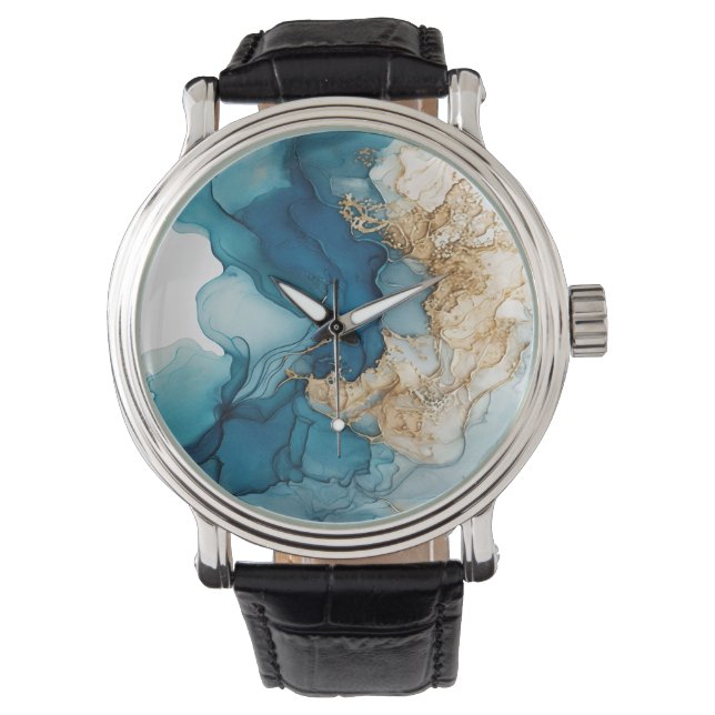 Gold and Blue alcohol ink grunge pattern 1 Watch (Front)