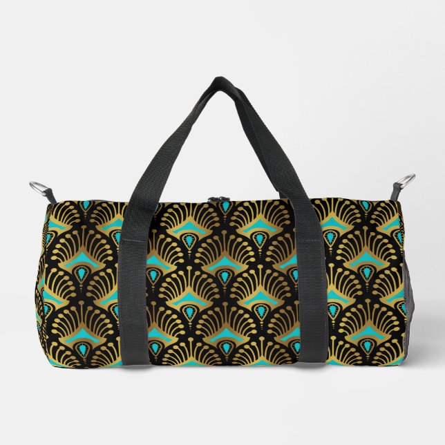 Gold and Blue Art Deco Pattern Monogram Duffle Bag (Front)