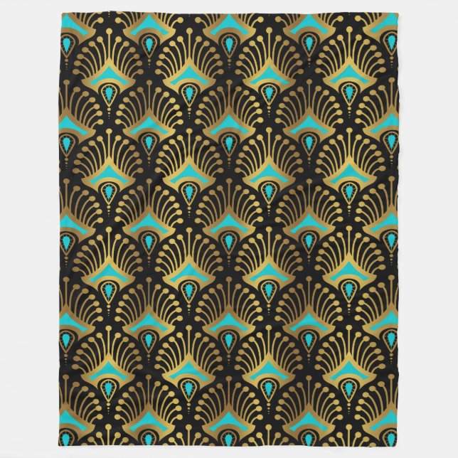 Gold and blue Art Deco pattern on black Fleece Blanket (Front)