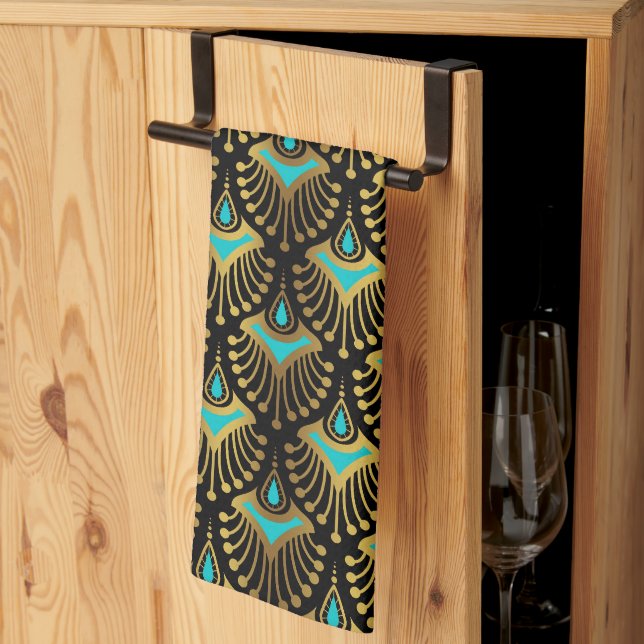 Gold and blue Art Deco pattern on black Kitchen To Tea Towel (Thirds Fold)