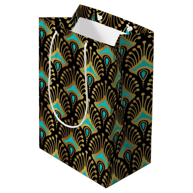 Gold and blue Art Deco pattern on black Medium Gift Bag (Back Angled)