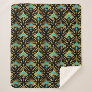 Gold and blue Art Deco pattern on black Sherpa Blanket
