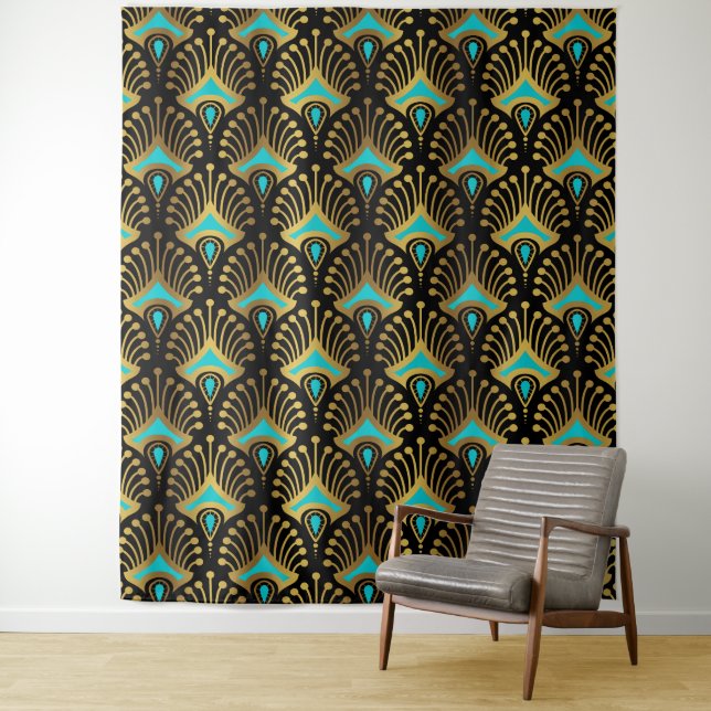 Gold and blue Art Deco pattern on black Tapestry (In Situ)