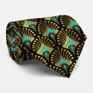 Gold and blue Art Deco pattern on black Tie