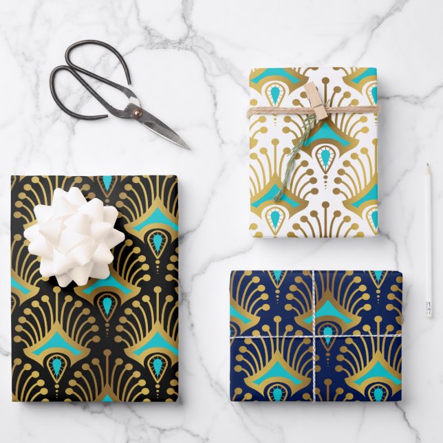 Gold and blue Art Deco pattern on black Wrapping Paper Sheet (Front)