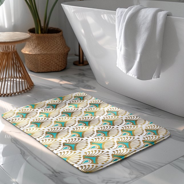 Gold and blue Art Deco pattern on white Bath Mat (Creator Uploaded)