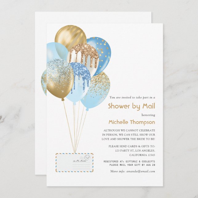 Gold and Blue Baby or Bridal Shower by Mail Invitation (Front/Back)