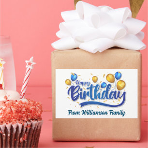 Gold and blue balloon, happy birthday rectangular sticker