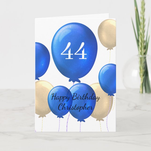 Gold and Blue Balloons 44th Birthday Card (Front)