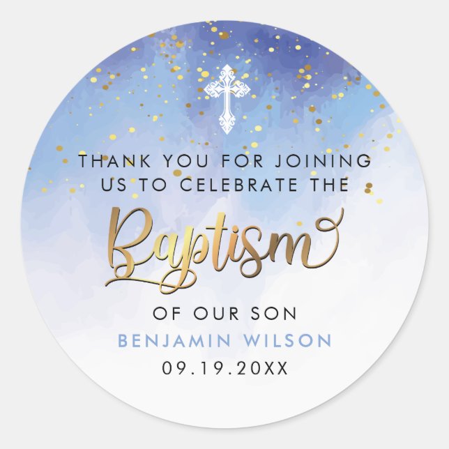 Gold And Blue Baptism Thank You Classic Round Sticker (Front)