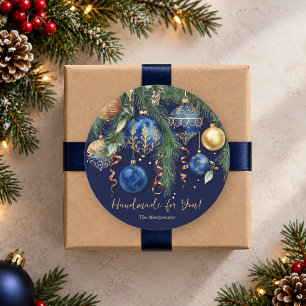 Gold and Blue Christmas Ornaments Handmade for You Classic Round Sticker