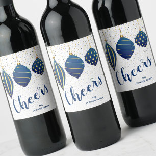 Gold and Blue Christmas Ornaments Wine Label