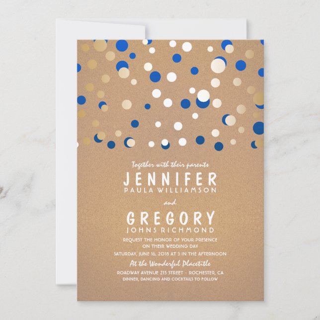 Gold and Blue Confetti Elegant Wedding Invitation (Front)
