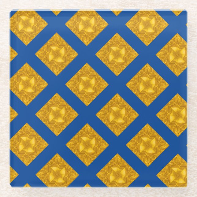 Gold and Blue Criss Cross Glass Coaster (Front)